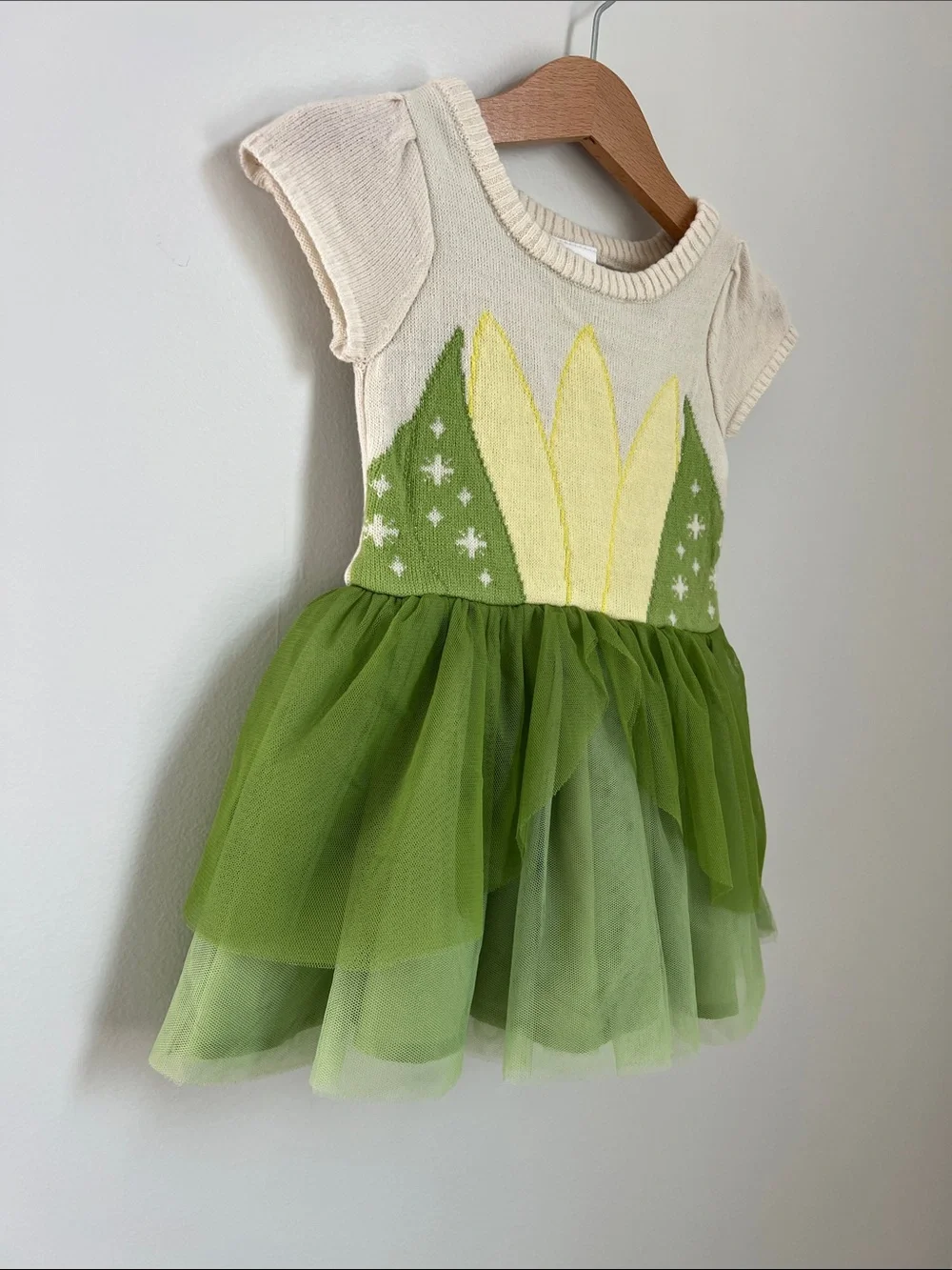 Disney | Princess Tiana Dress Cream & Green Yellow Petal Tulle Skirt Sz 18M